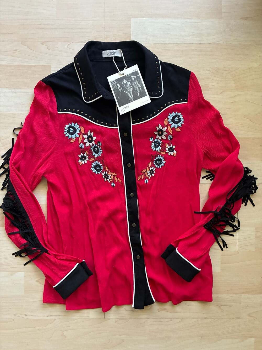 NWT John Moon Texas Women's Embroidered Fringe Western Shirt Size L